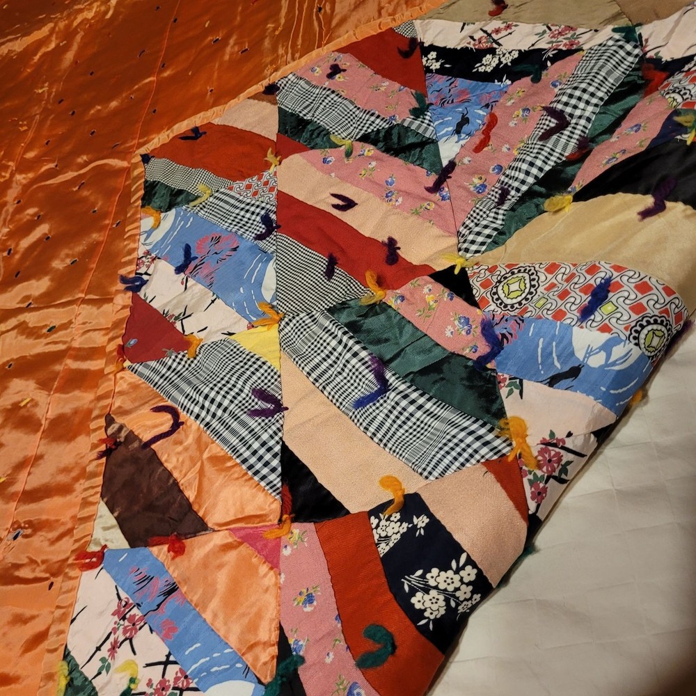 Crazy Quilt Silk Patchwork With Orange Backing Hand Stitched Patchwork Vintage