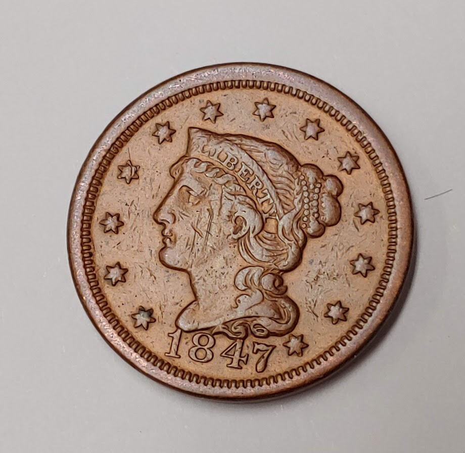 1847 Coronet Large Cent, VF+  Details - C8594