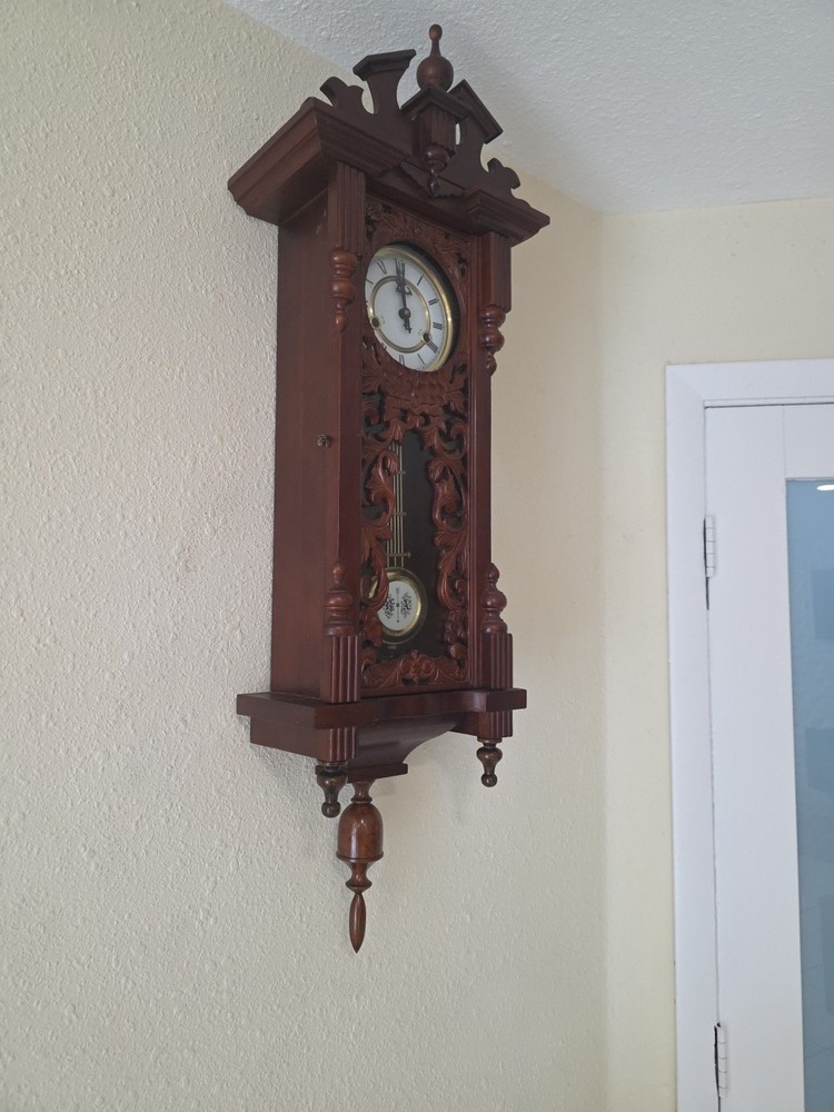 R&A Wind Up Movement Wood & Glass Pendulum Wall Clock Fully Functional