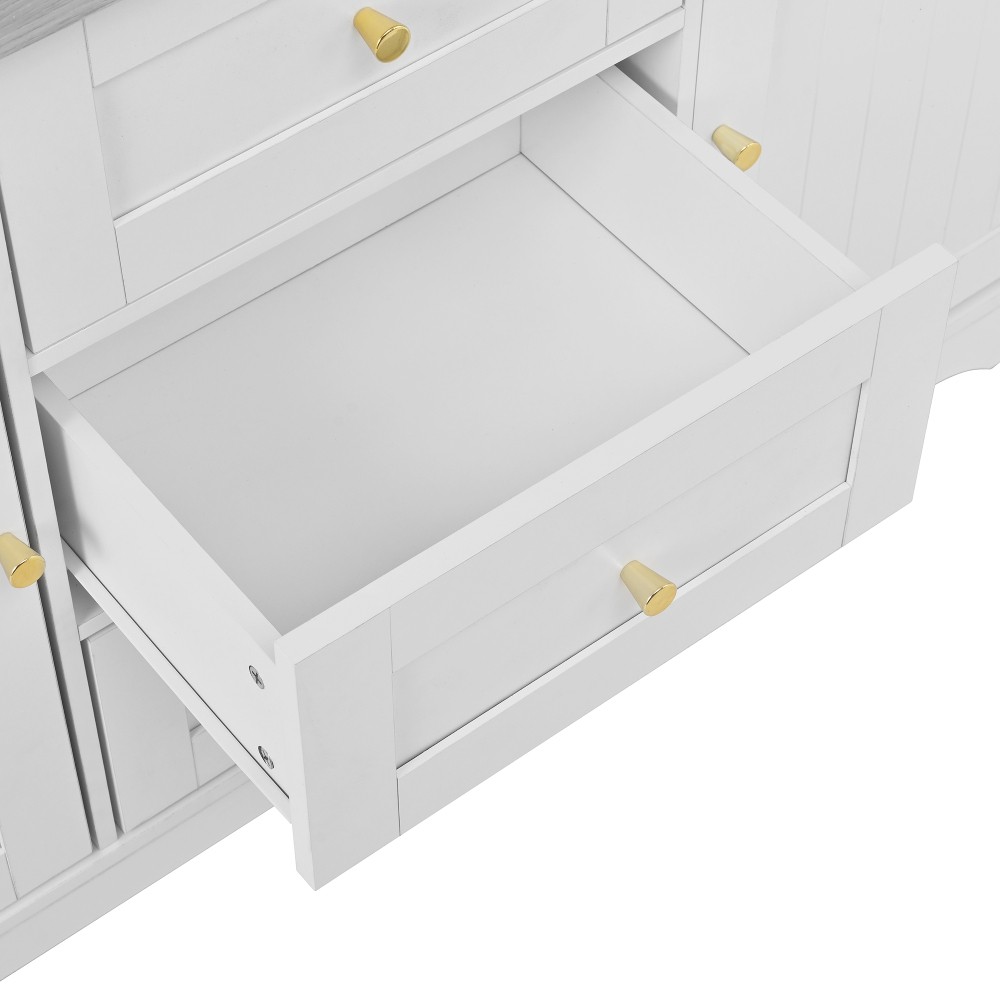 Kitchen Island w/ Power Outlet Wheels, Extendable Dining Table Storage White