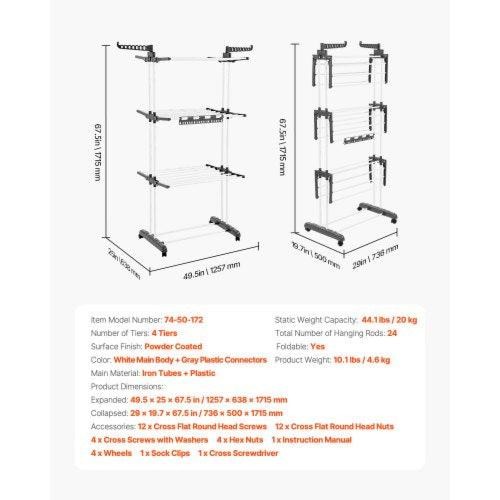 Clothes Drying Rack 4Tier Foldable Laundry Dryer Rack Metal Drying Racks