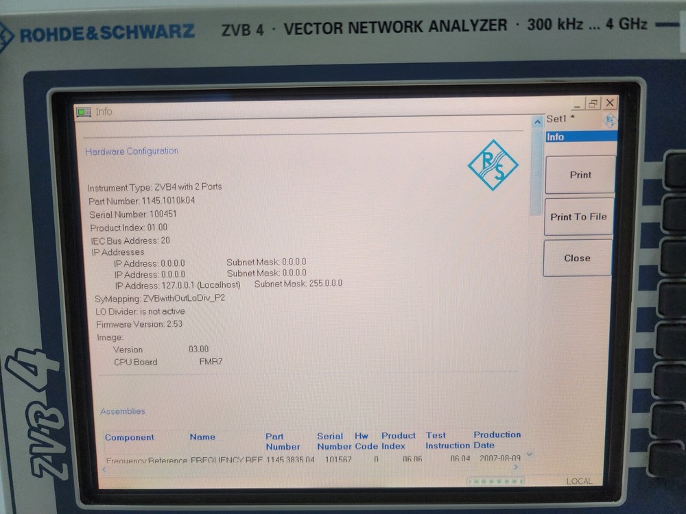 Rohde & Schwarz ZVB 4 Vector Network Analyzer, 300 kHz to 4 GHz