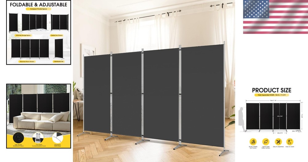 Foldable 4 Panel Freestanding Room Partition - Easy to Install Privacy Solution
