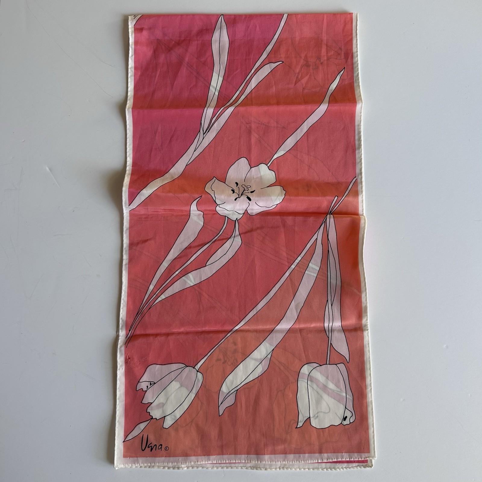 Vintage Vera Neumann Silk Scarf Spring Tulips Ombré Pink Tagless 10.5” X 40”