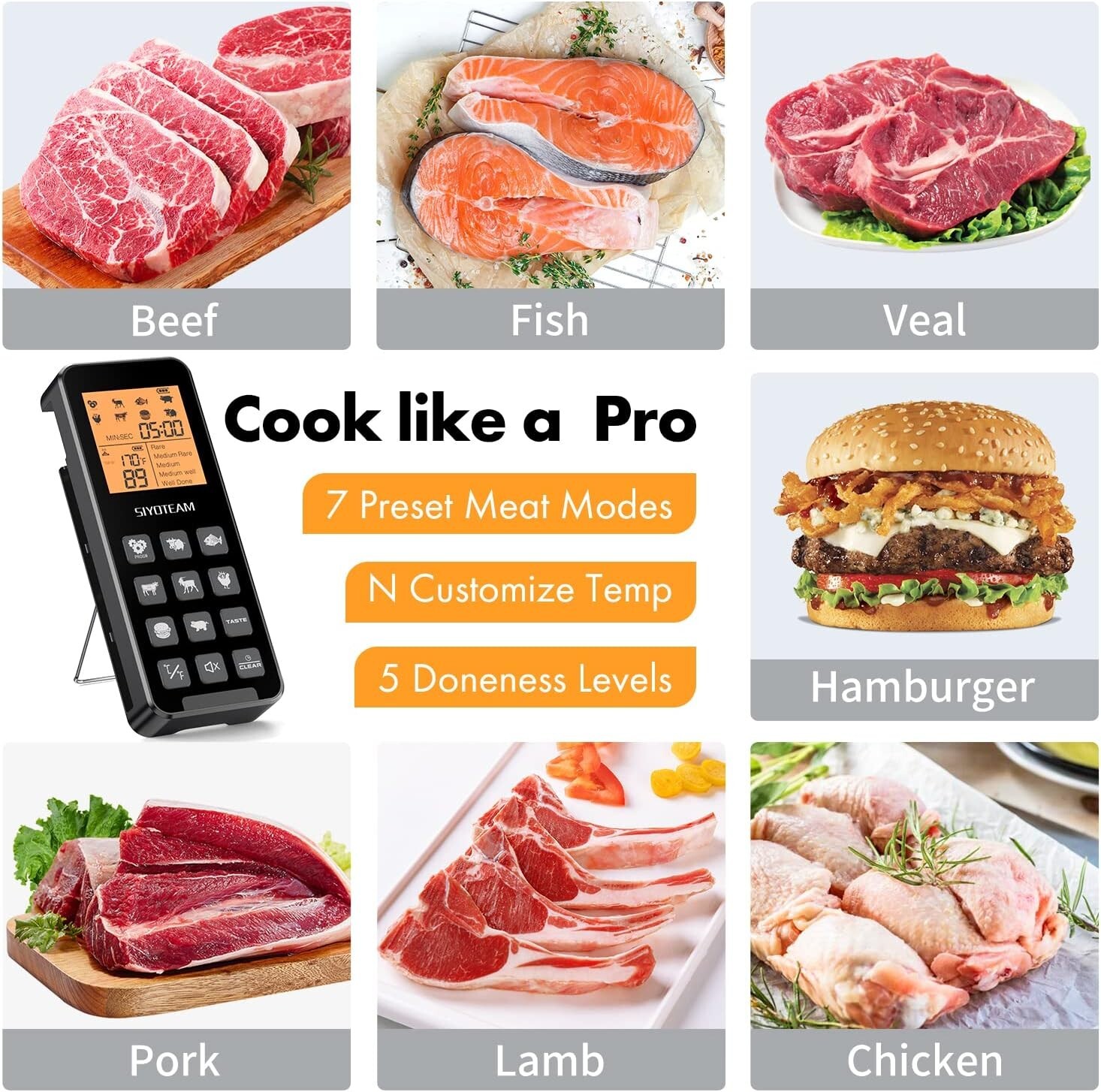 Wireless Meat Thermometer, Meat Thermometer Wireless for Grilling and Smoking, P