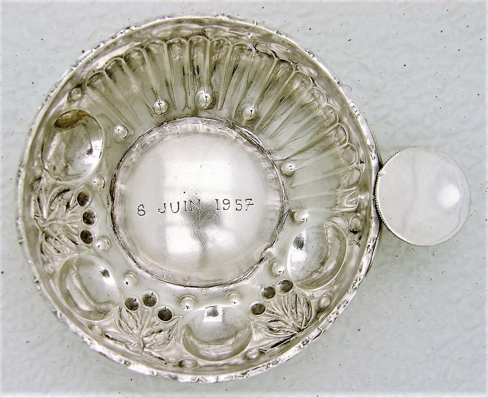 Hand Hammered French Solid Silver Brandy Wine Taster with Ring Handle Marked