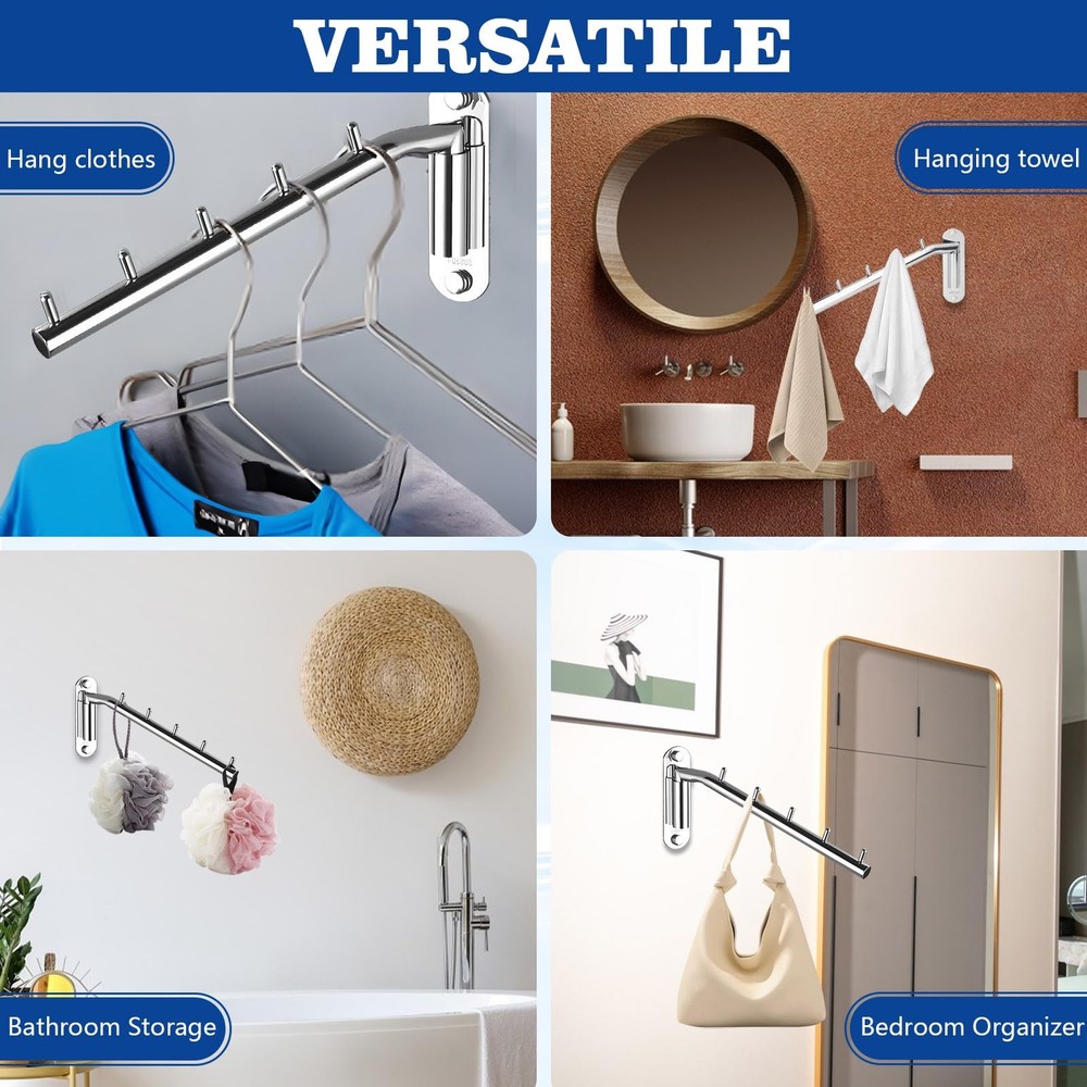 2 Pack Folding Clothes Rack Stainless Steel Swing Arm Wall Mount Hook 2 PCS