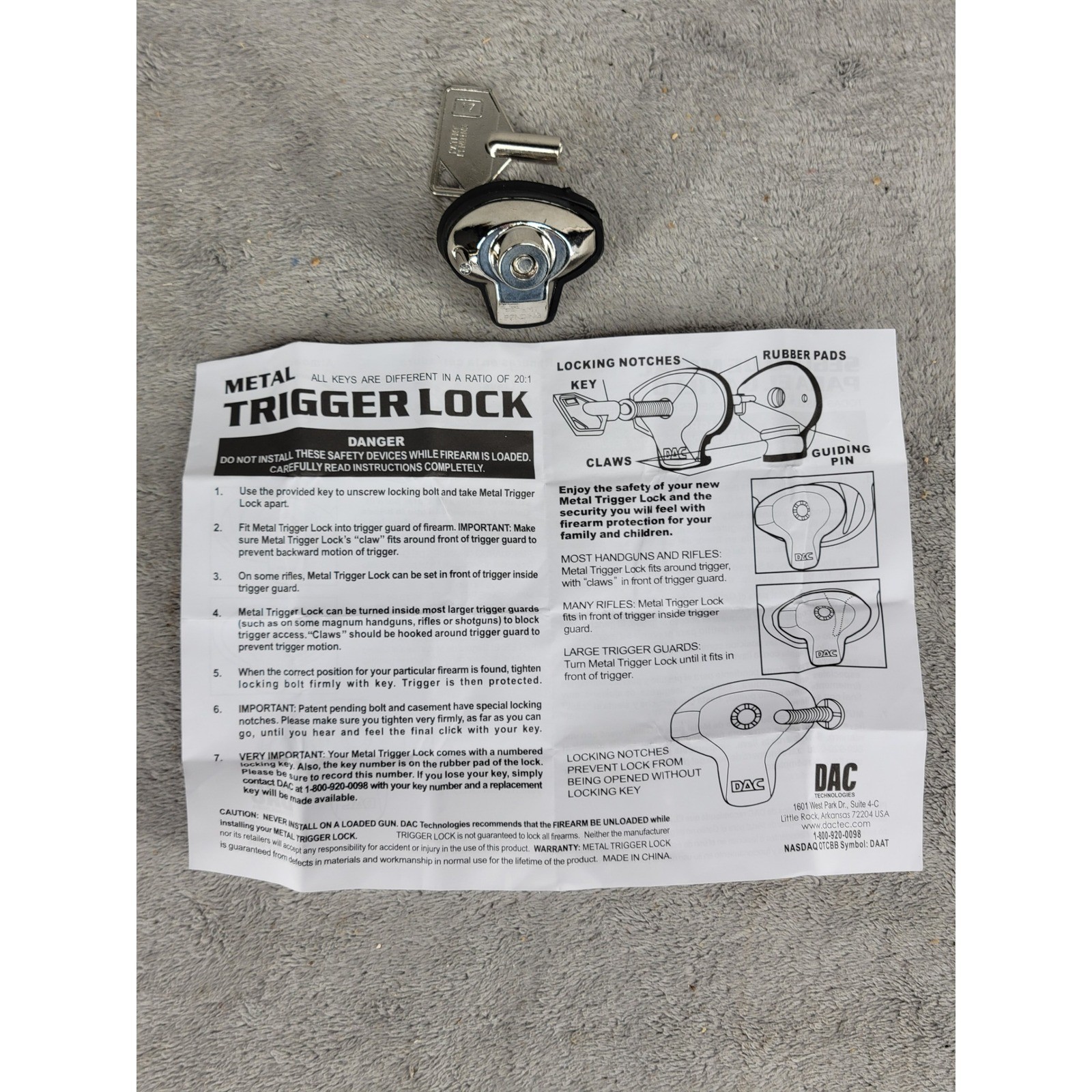 DAC Technologies Metal Trigger Lock Chrome with Key for Handguns Rifles Shotguns