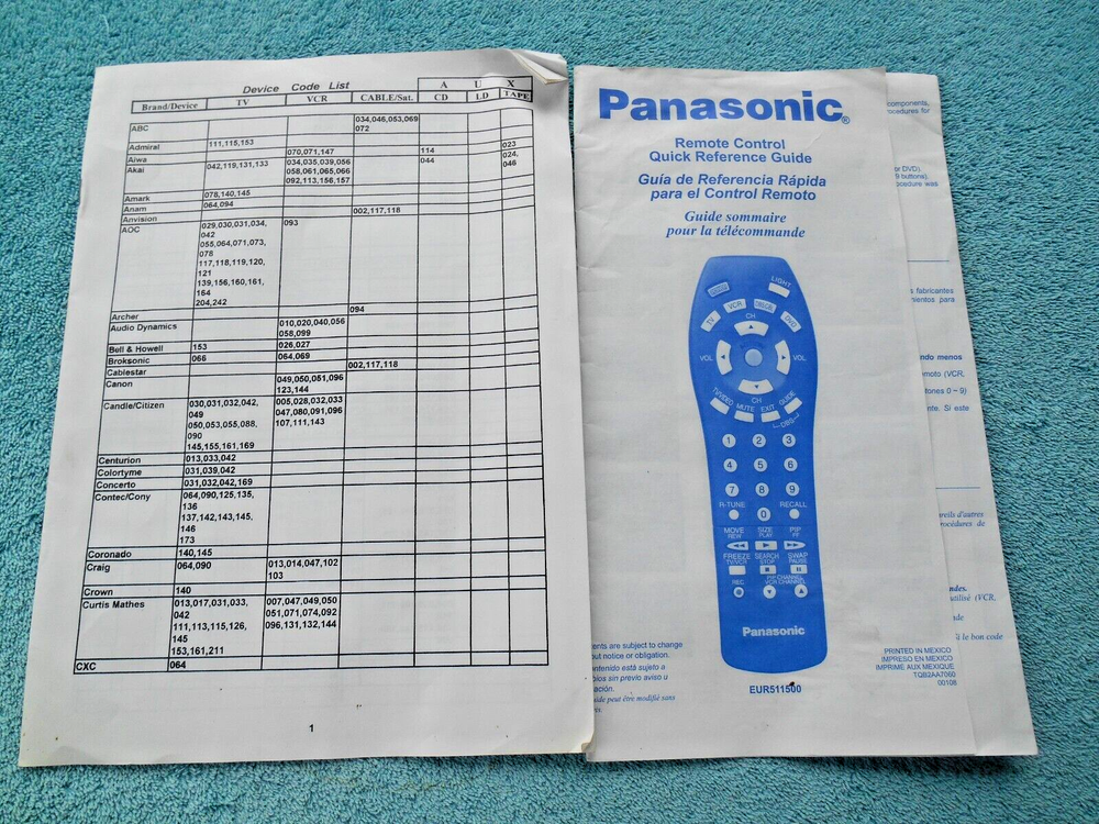 VINTAGE PANASONIC EUR511500 UNIVERSAL REMOTE CONTROL REFERENCE GUIDE & CODE LIST