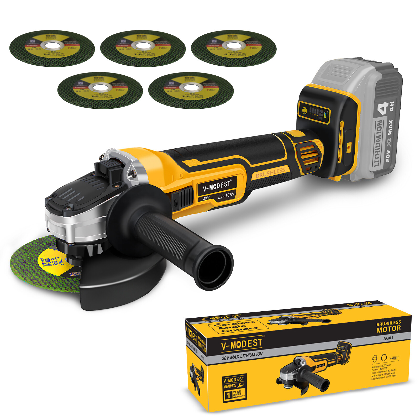 Cordless Angle Grinder For Dewalt 20V Battery 4-1/2" to 5" w/5 cutting blade
