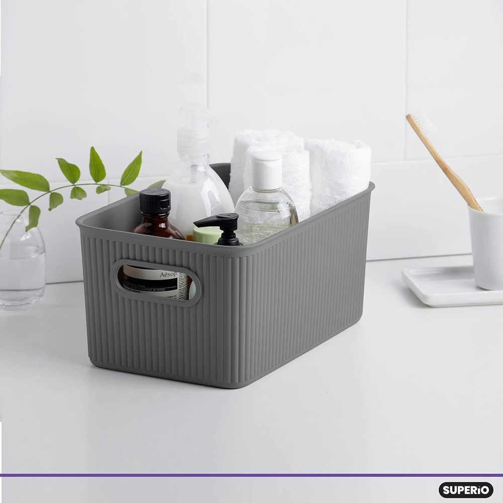 Superio 5L Small Ribbed Storage Bin- Plastic Storage Bin (2 Pack, Grey)