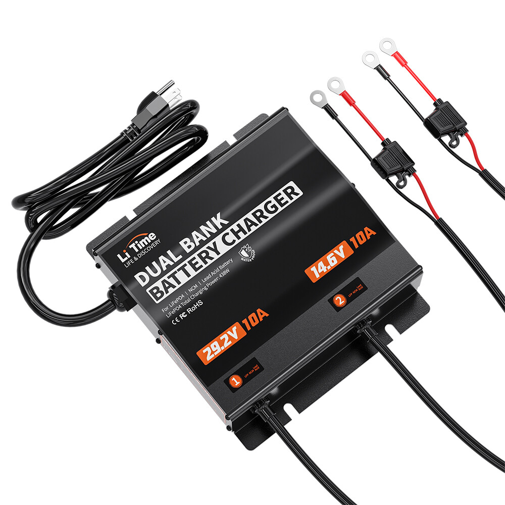 LiTime 14.6V/29.2V 10A Dual Bank Smart Battery Charger for LiFePO4 Lead Acid NCM