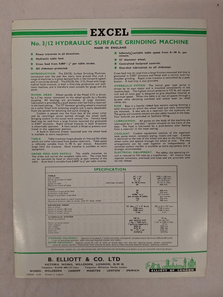 Excel Hydraulic Surface Grinding Machine Model #3/12 Bulletin Advertising Sheet