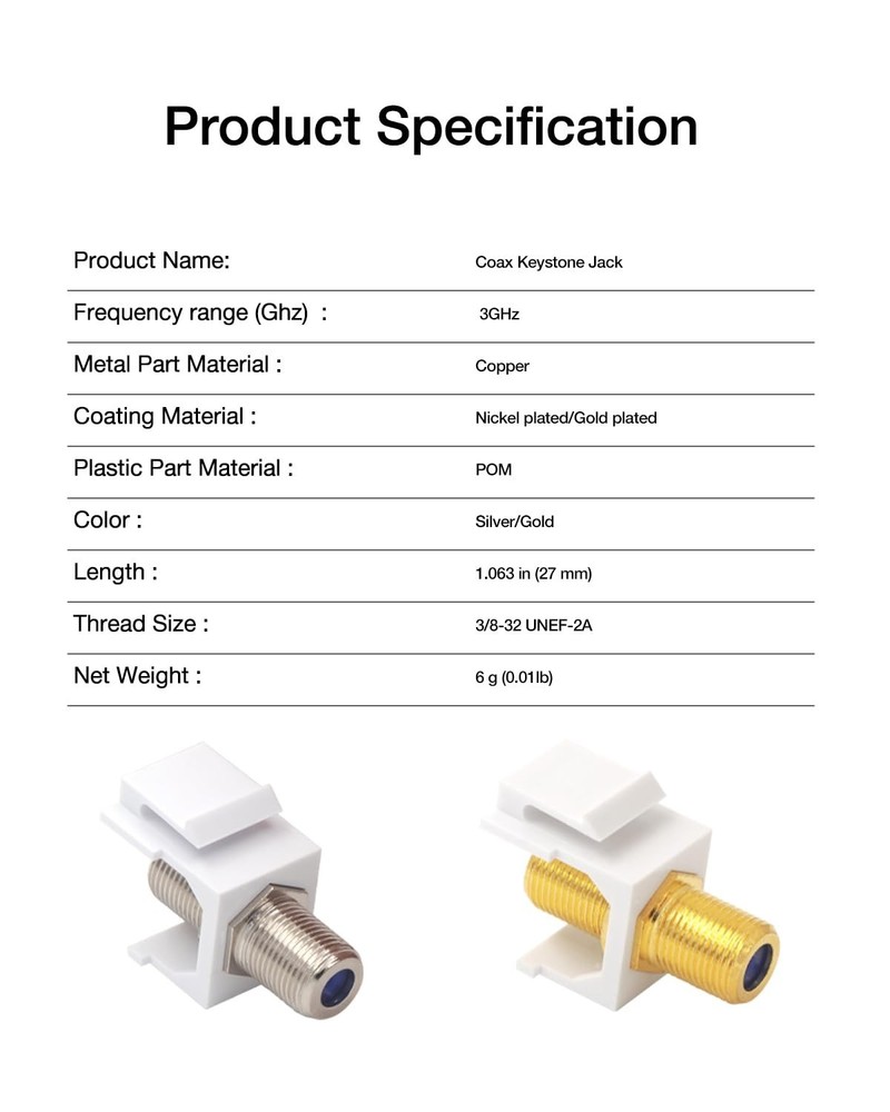 5-PACK - Keystone Jack Insert/Coupler Type: Coax F-Type 2.4Ghz HIGH SPEED White