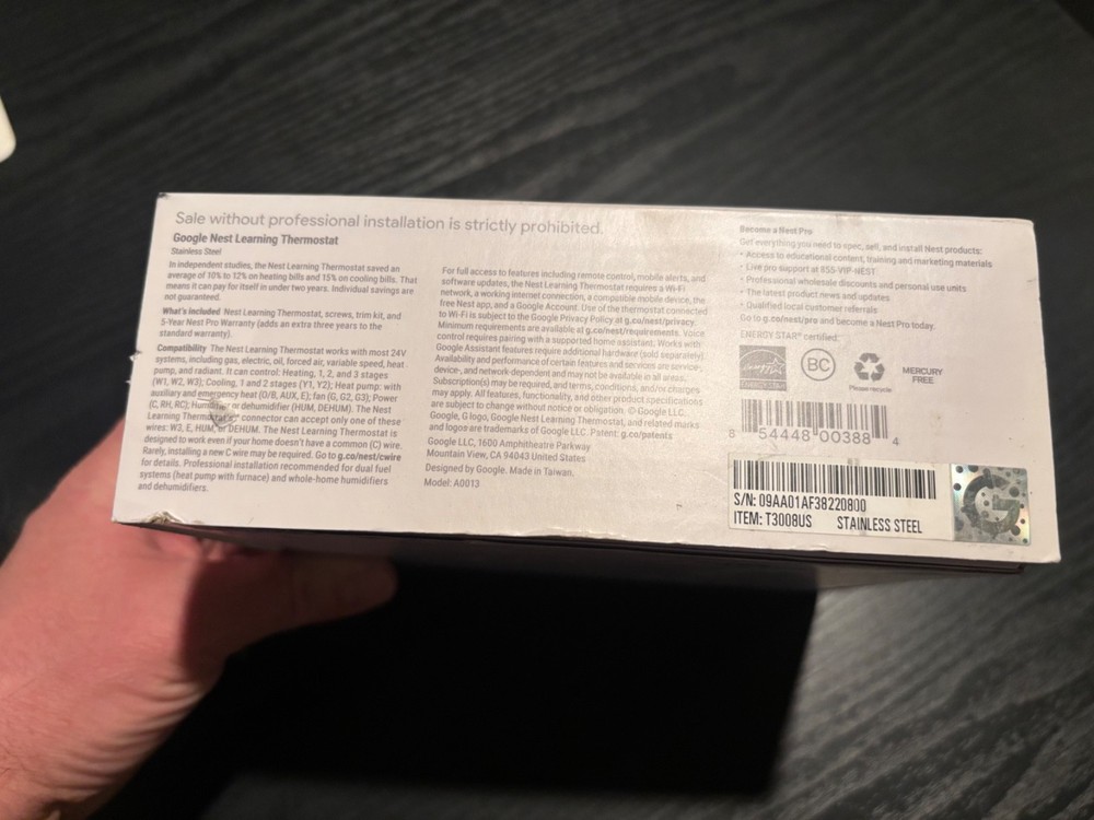 Nest 3rd GEN Learning Thermostat (with box)