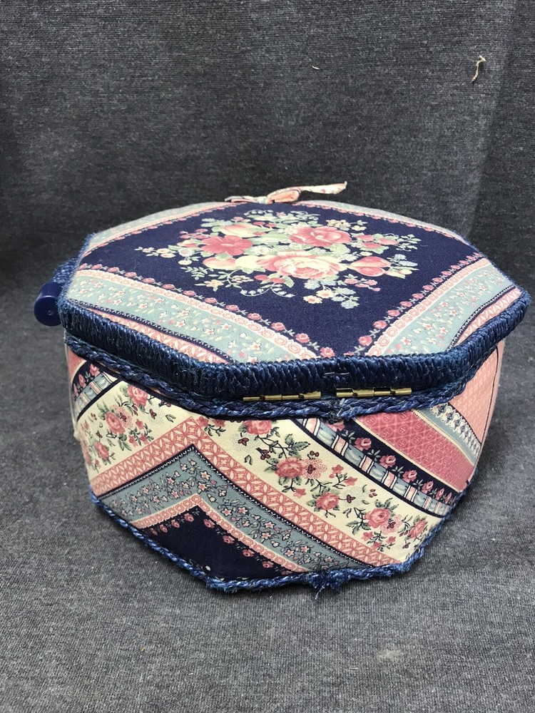 Vintage 1980’s Era Sewing Basket With Blue Patchwork Outside - Solid Blue Insi