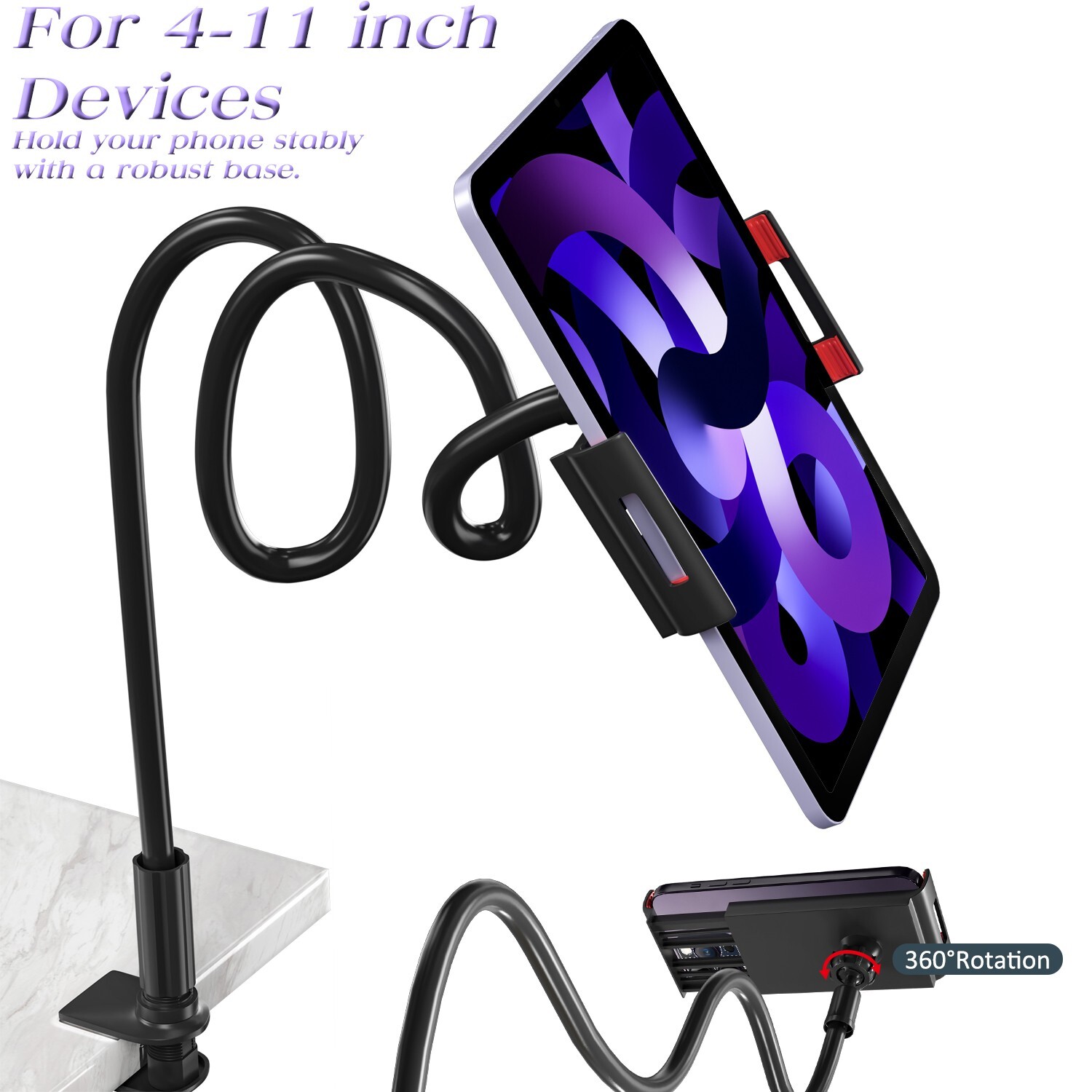 Flexible Gooseneck Tablet Holder - Long Arm Clamp for Desk, Bed & Versatile Use