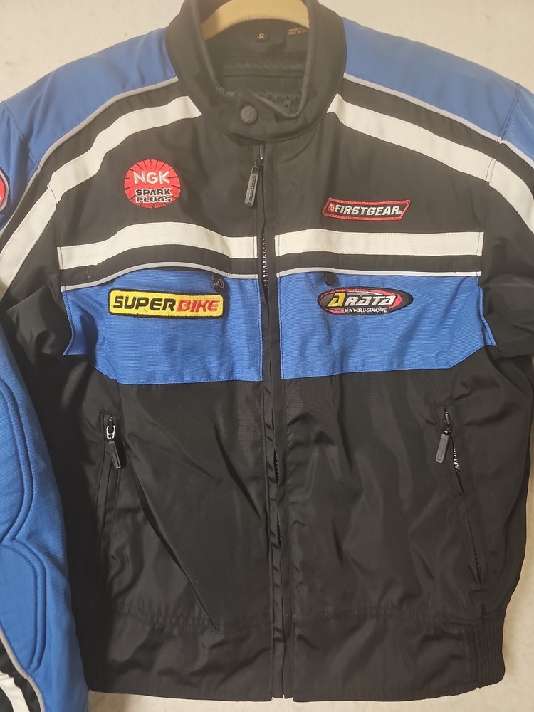 Firstgear Motorcycle Jacket Small Blue Black Embroidered Patches Safe Hypertex