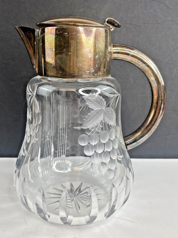 Vintage HKE Silver Plate Large Crystal Glass Pitcher Etched Grapes 10 Cup HEAVY