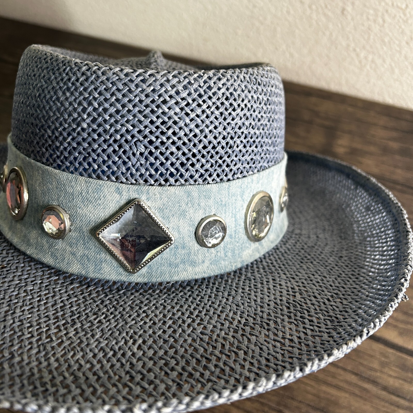 VINTAGE Something Special Straw Hat 1980s Gantos Blue Embellished Derby 3425