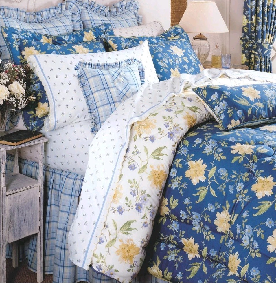 Vintage Laura Ashley Emilie Blue Plaid Queen Bedskirt Boho Cottage Rare