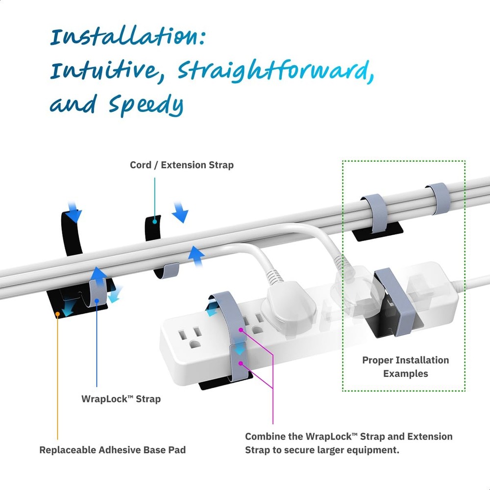 Under-Desk Cable Management Straps Adhesive Heavy-Duty Reusable Hook Loop