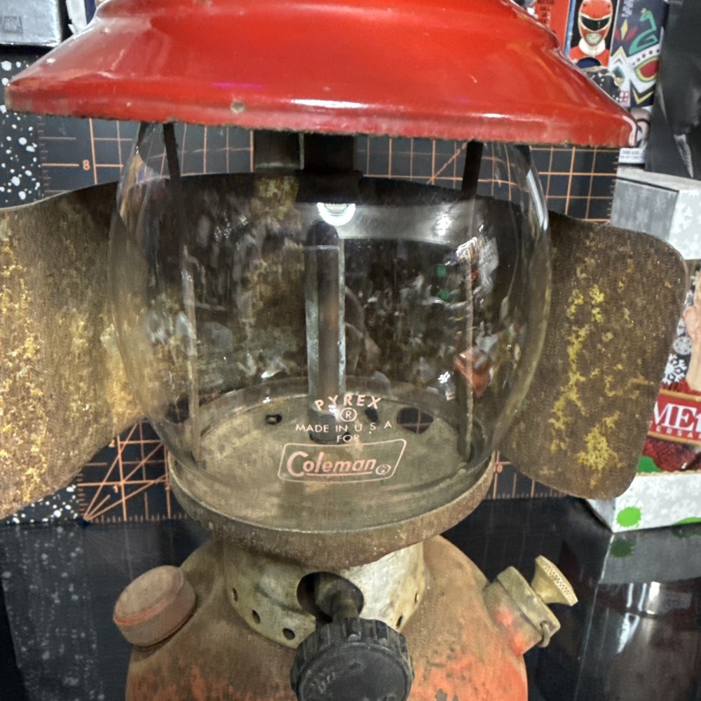 Vintage Coleman 200A Lantern 2/72 Red w/ Pyrex Globe + Reflector Untested