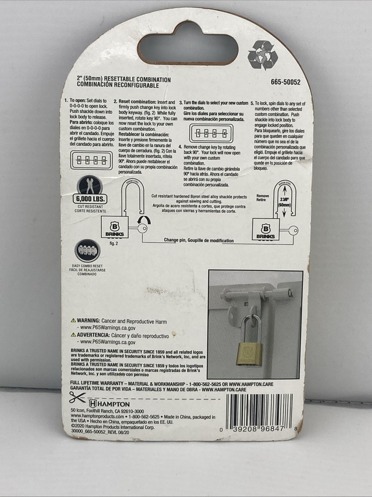 BRINKS (665-50052) Combination Lock Resettable, 50mm 2" Solid Brass