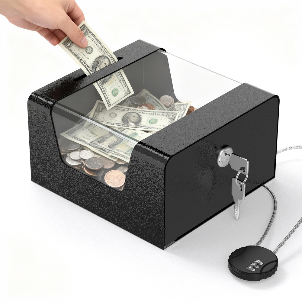 Steel Locking Tip Box - Heavy Duty Secure Tip Jar with Combination Cable Lock