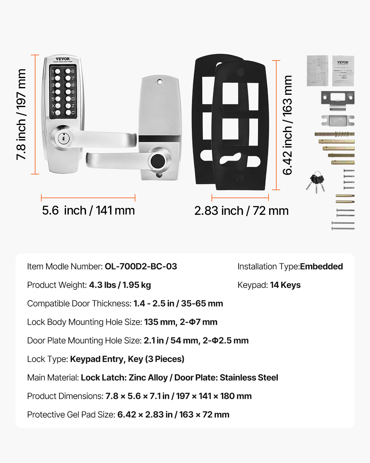 Mechanical Keyless Entry Door Lock 14 Key Mechanical Door Lock with Key for Home