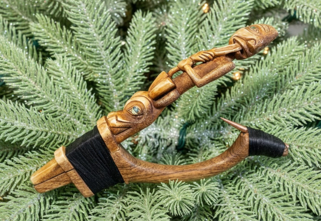 Shaman and Wolf Totem Halibut Hook, Shell Inlay, Northwest Coast Design