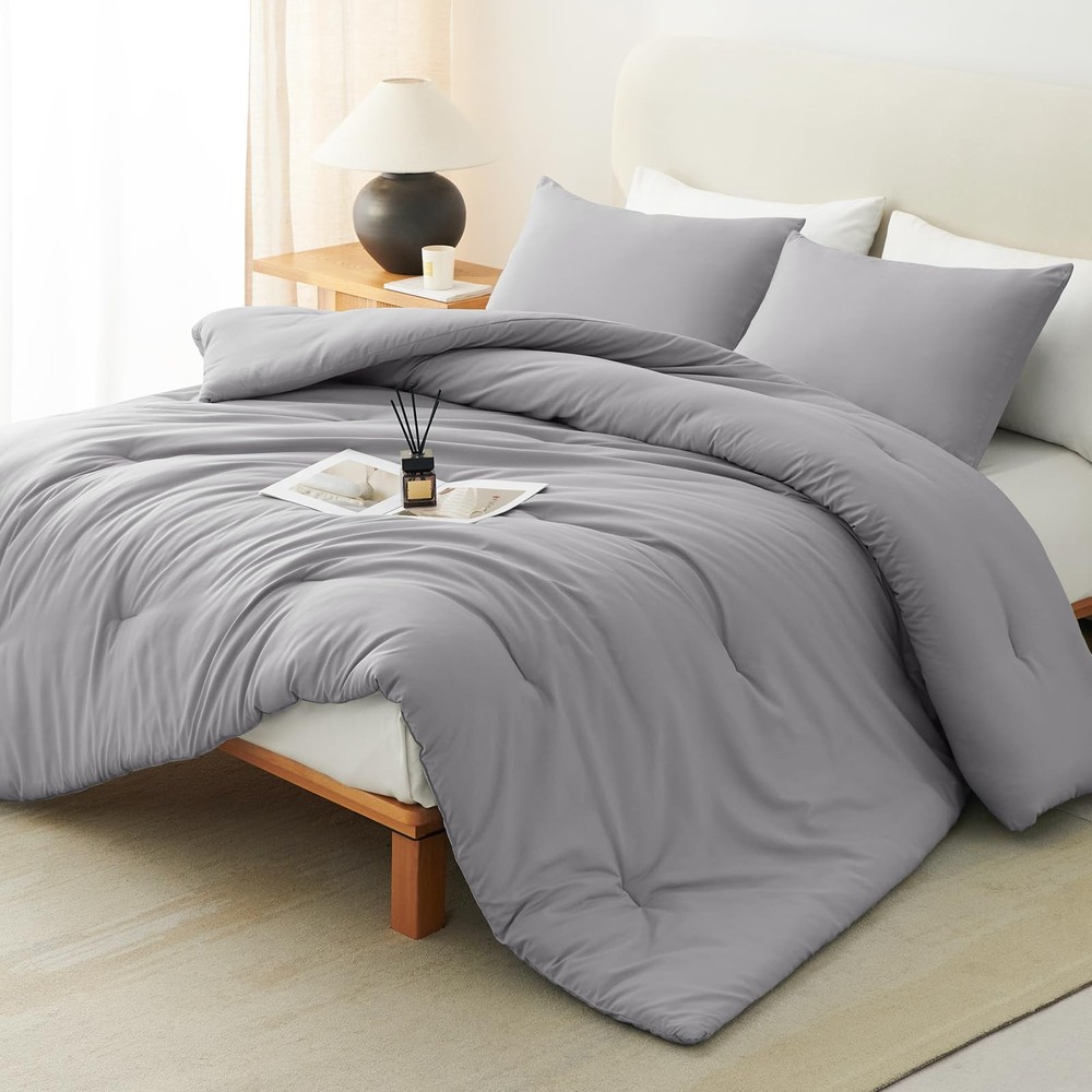 CozyLux Queen Comforter Set Grey, 3 Pieces Solid Comforters Queen, Grey