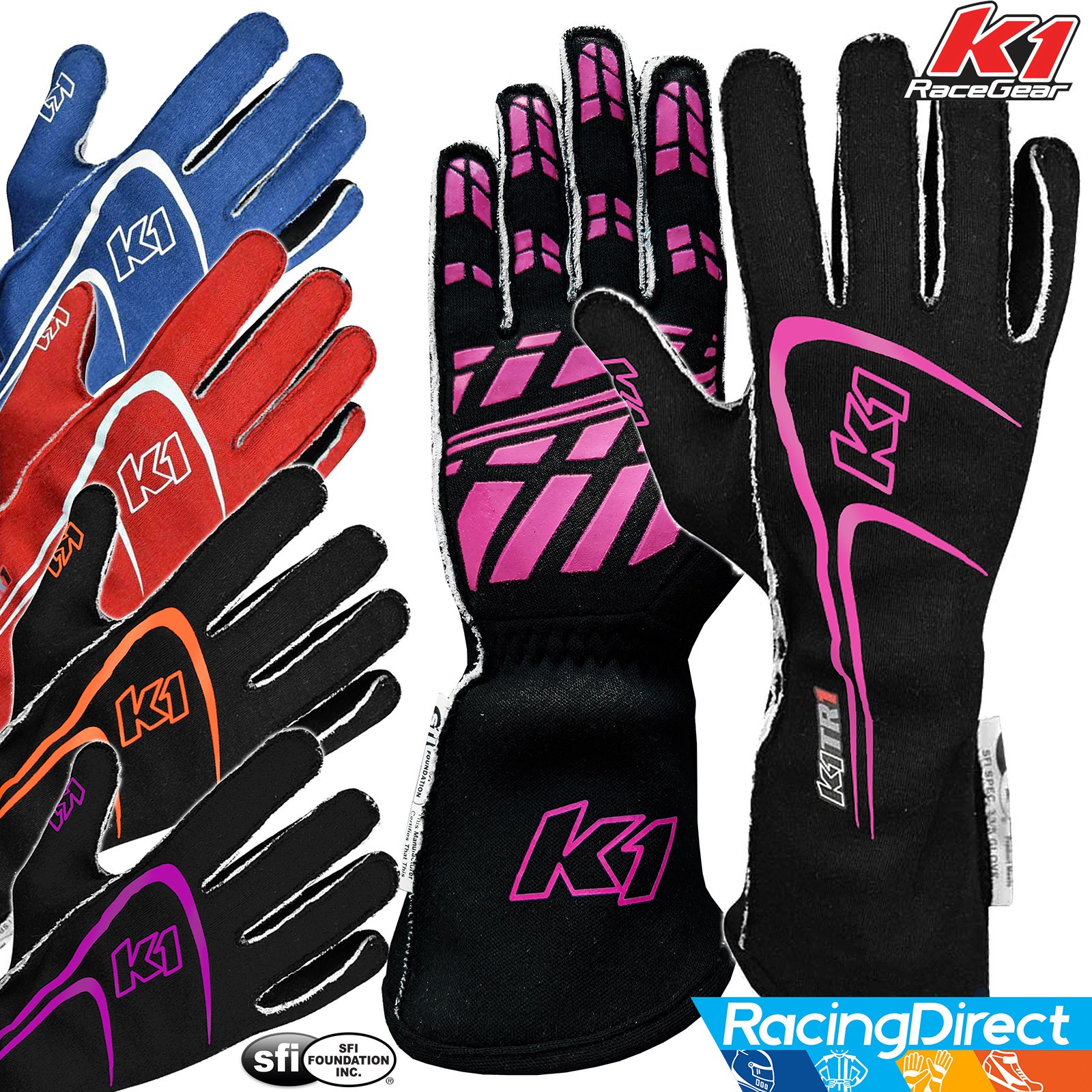 K1 Track 1 SFI-5 Racing Gloves - SFI Rated - Nomex 2-Layer Auto Kart Dirt Gloves