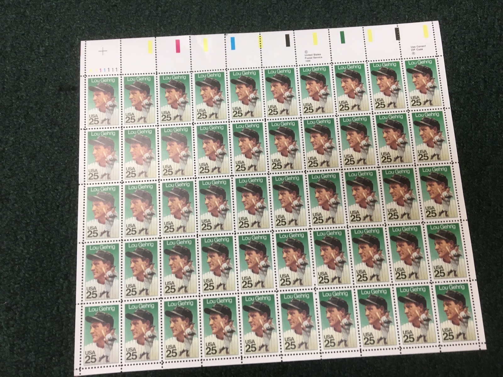 1989 LOU GEHRIG USPS SHEET OF 50 - 25 CENT VINTAGE POSTAGE STAMPS - UNUSED