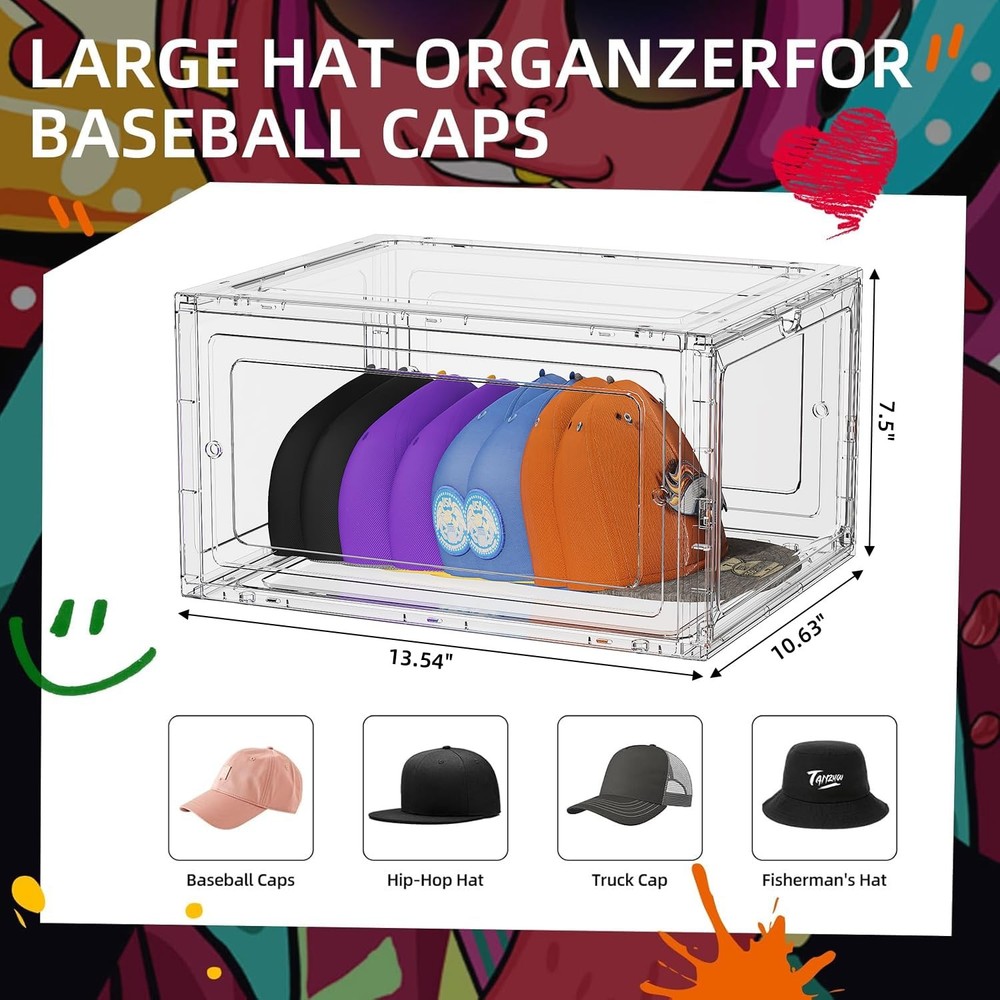 ZHAIXIAONIAN 6-Pack Hat Organizer Box Baseball Caps Storage Clear Stackable