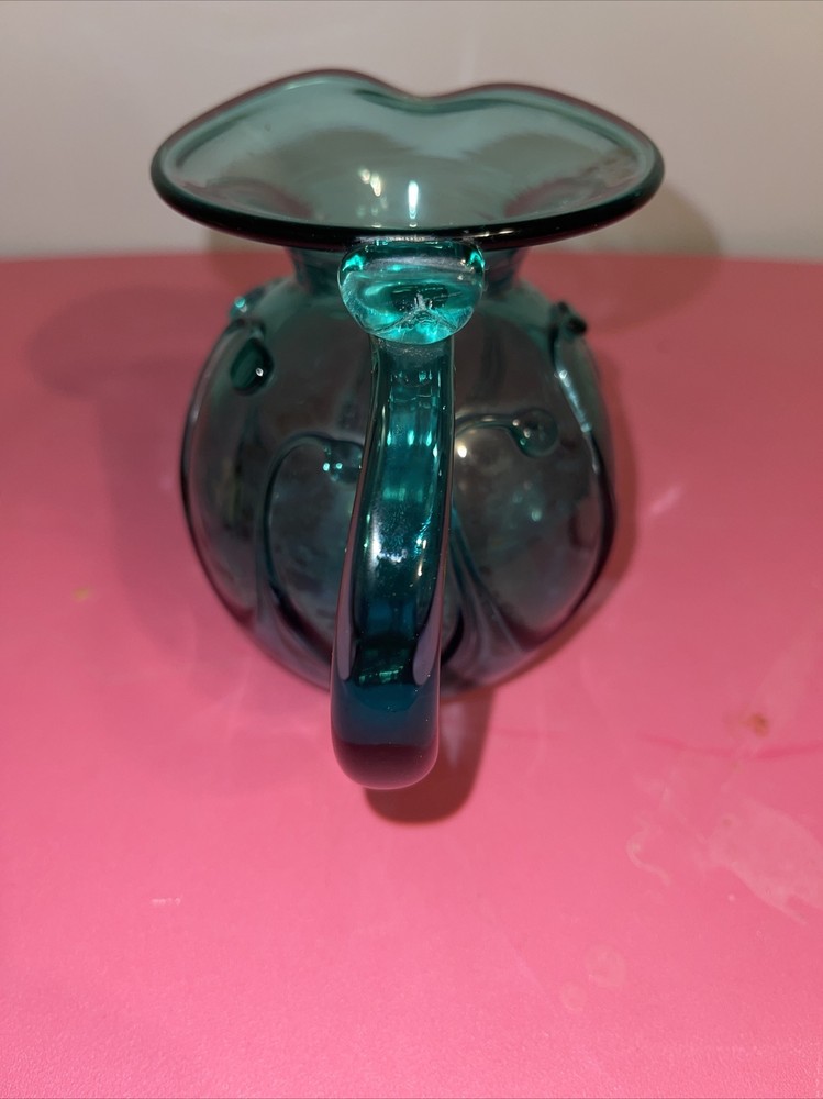 Hand Blown Blue Glass Pitcher Wave Pattern 5”