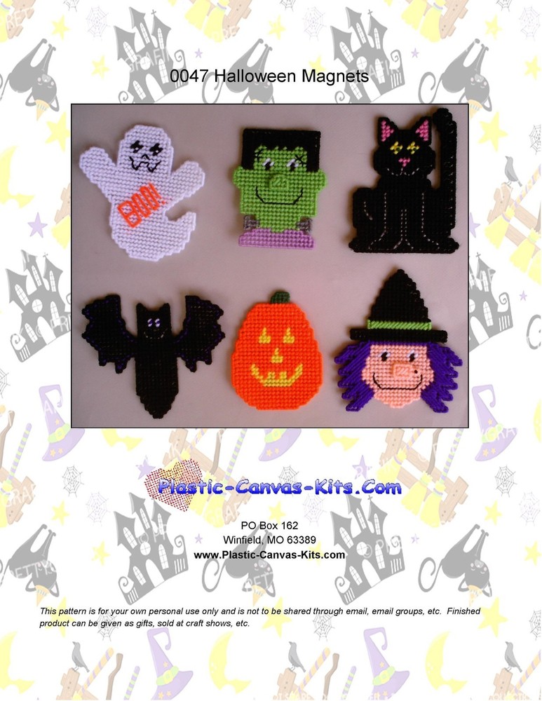 Halloween Magnets- Witch, ghost, pumpkin, cat-Plastic Canvas Pattern or Kit