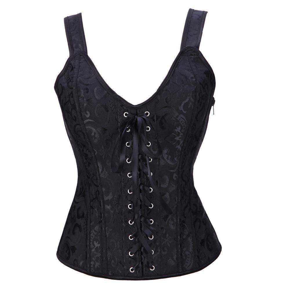 Women Gothic Steampunk Black Overbust Lace Up Corset Top Waist Training Bustier