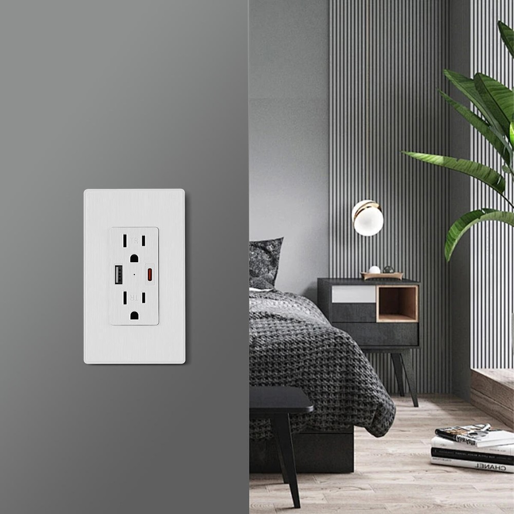 Electrical Outlet Panel Wall Socket AC Power Receptacle w/ Type-C USB-C USB Port