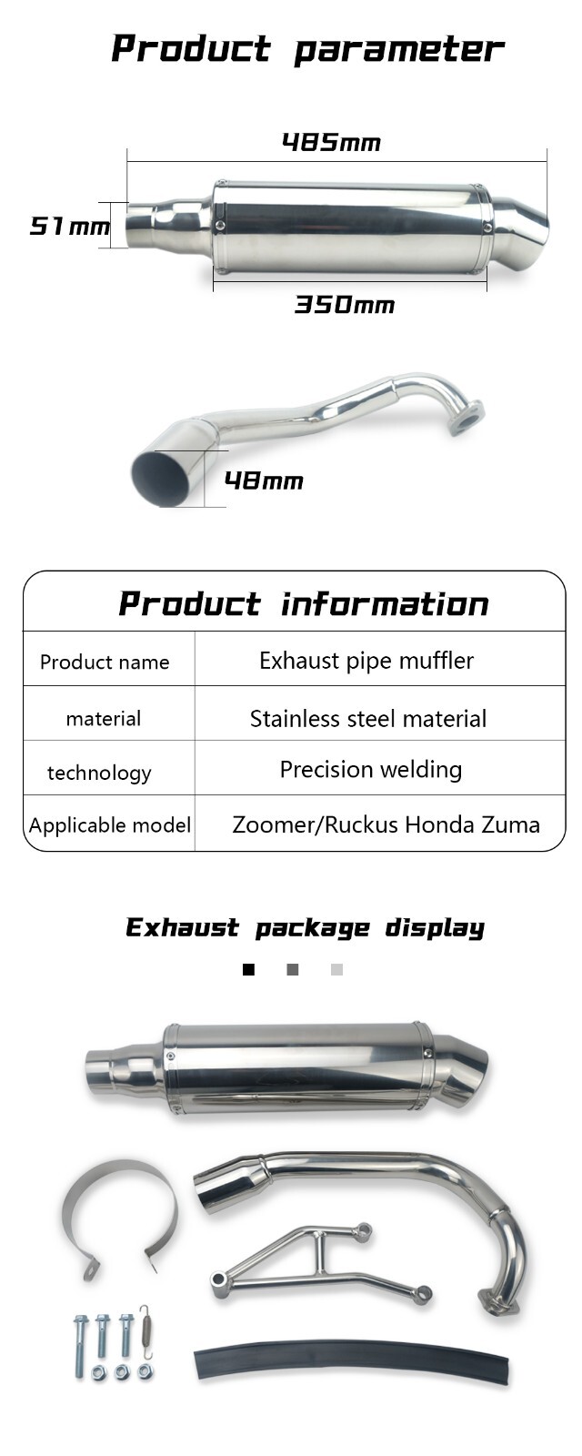 RUCKUS Exhaust Pipe Muffler Stainless Steel Motorcycle Scooter Honda AF58 ZOOMER