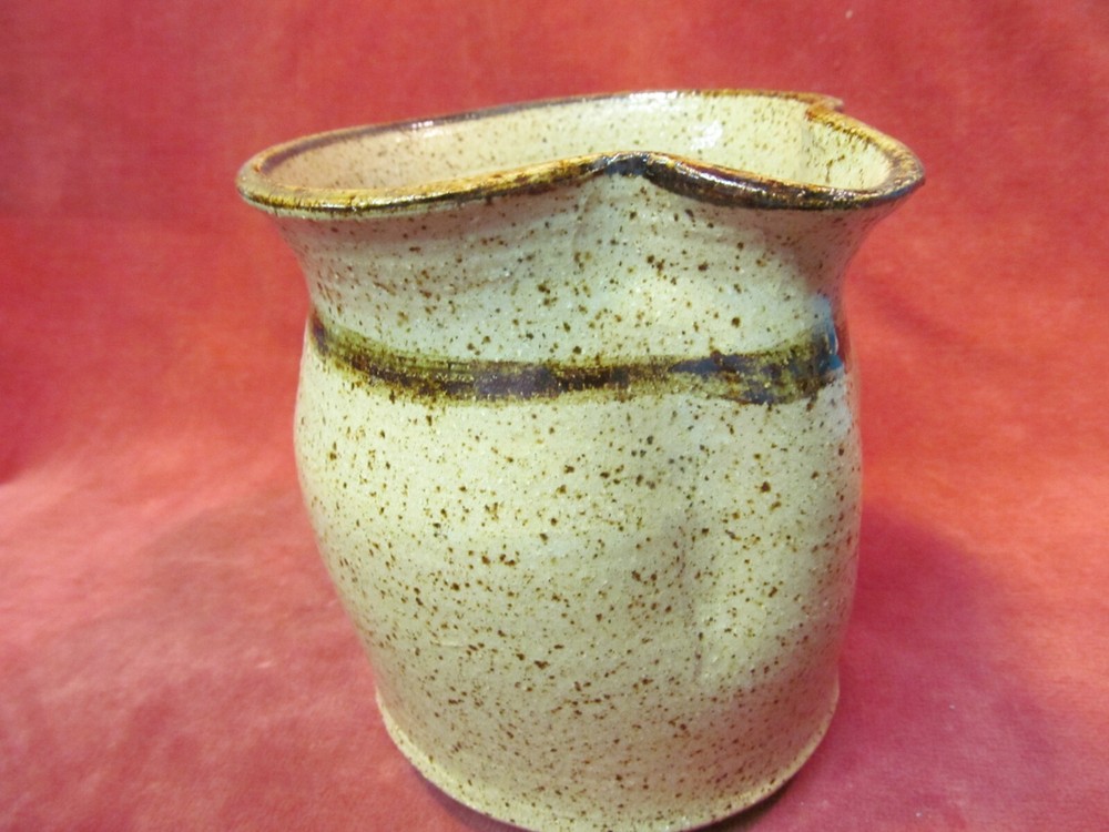 5" BROWN SPECKLE STUDIO POTTERY PITCHER WITH PAINTED PINECONE