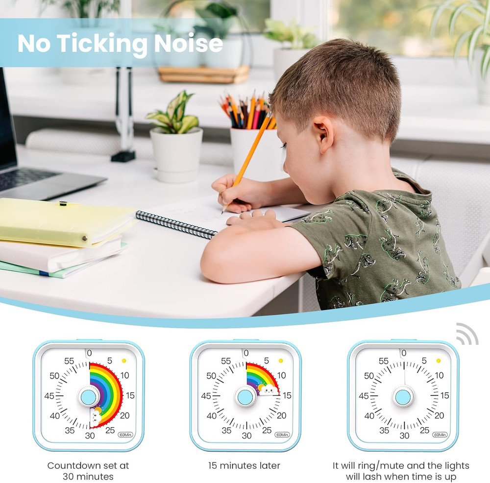 Visual Timer for Kids with Pause Function, Cute Silent Timer with Rainbow for Cl