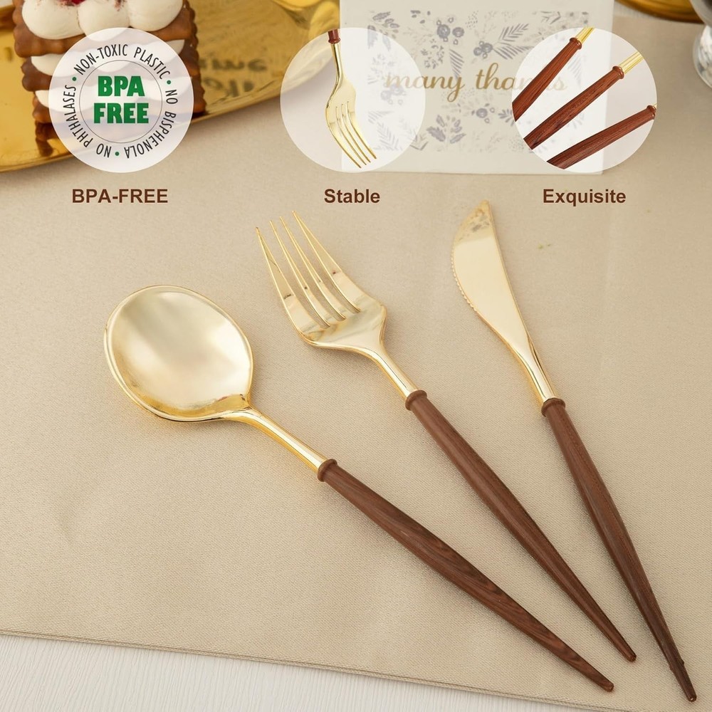 90Pcs Gold Plastic Silverware Heavy Duty Elegant Disposable Plastic Silverware