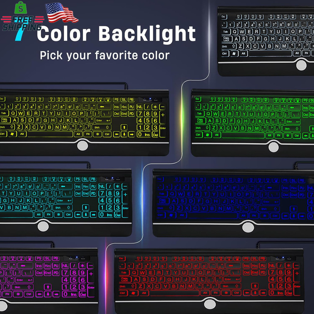 Wired Keyboard and Mouse Combo - Large Print Light up Keyboard, USB Silent Wired