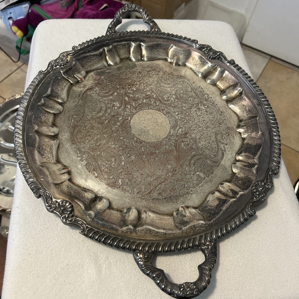 1875 Handled Sheets Rockford S Co Silverplated Serving Tray Ornate Scallop 14.5"