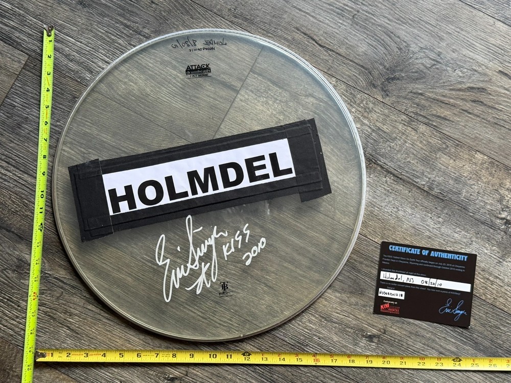 KISS Drumhead ERIC SINGER Concert Used Signed Autograph CoA 18" NJ 2010 Tour