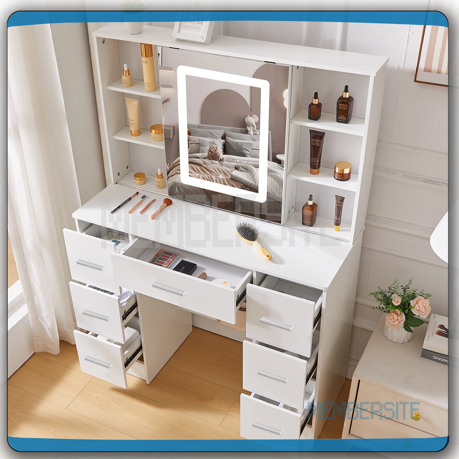 NEW Makeup Vanity Table With Smart LED Sliding Mirror & 10 Shelves Dressing Desk