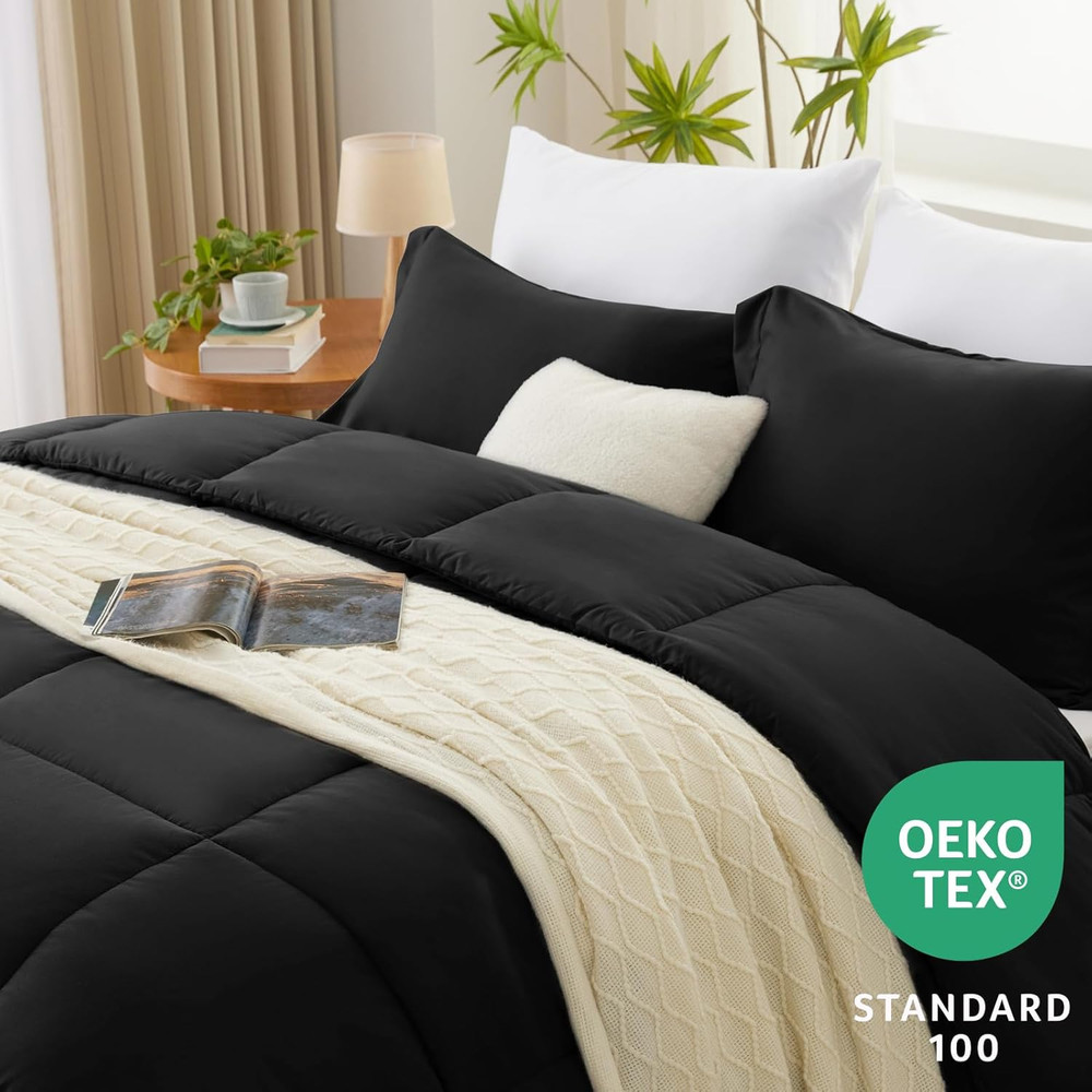 Full Size Comforter Sets - Black Comforter Full Size, 3 Pieces Box Stitched Bed
