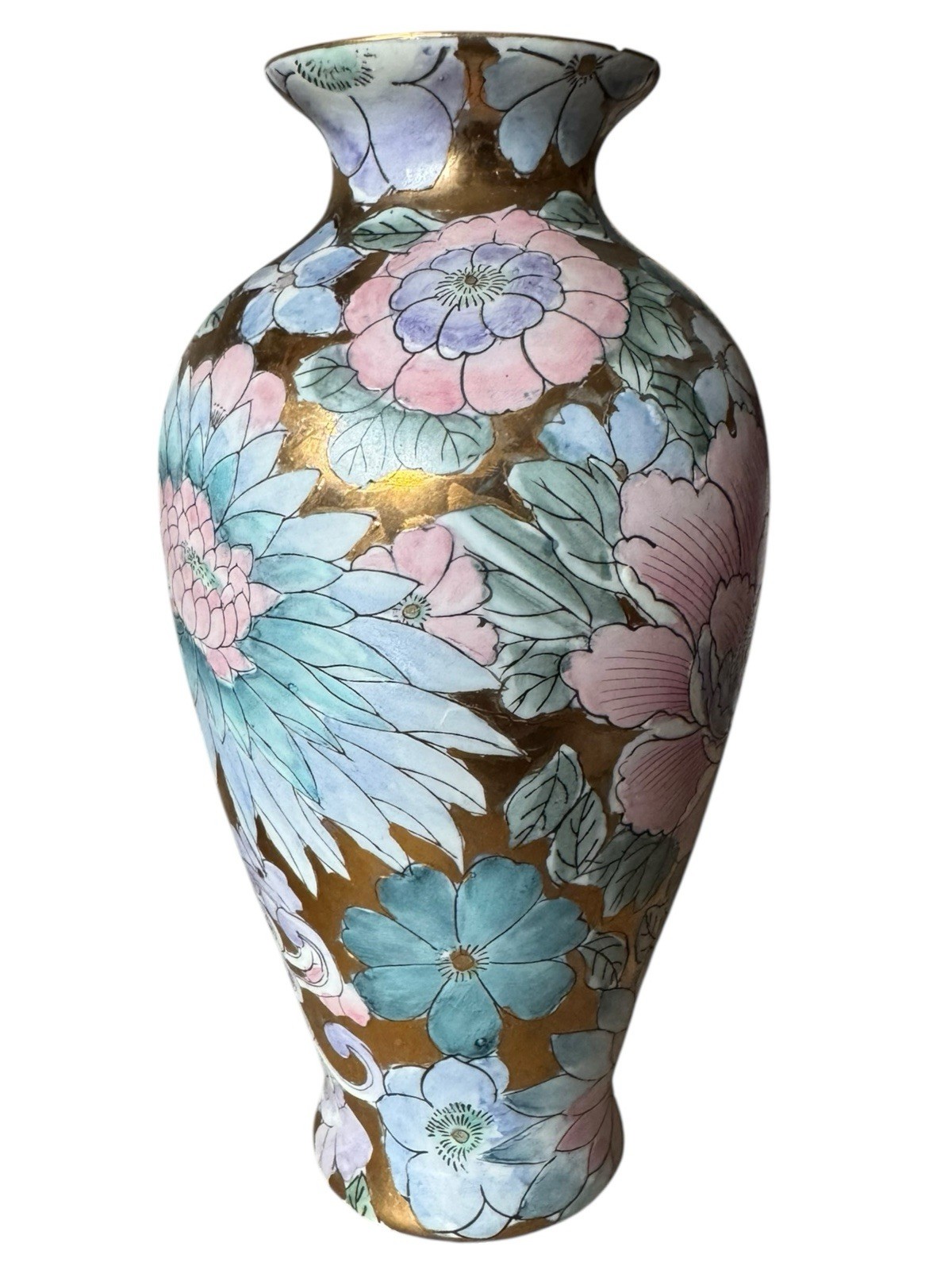 Vintage 8” Vase Chinoiserie Golden Peony Pastel Pink Purple Blue Toyo Macau 1970