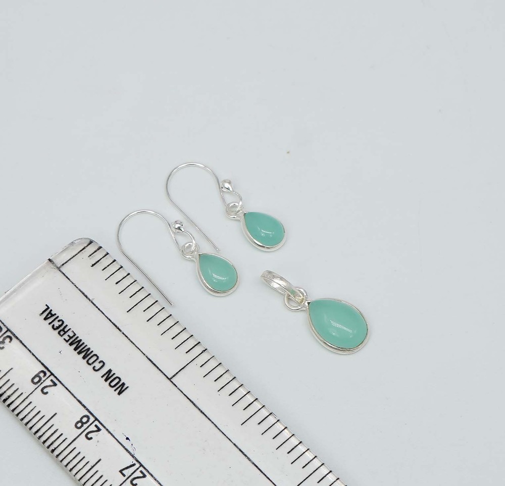 925 Solid Sterling Silver Aqua Chalcedony Hook Earring Pendant Set